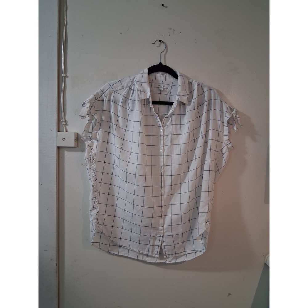 Madewell Womens Small White Blue Windowpane Grid Cap Tie Sleeve Button Down Top